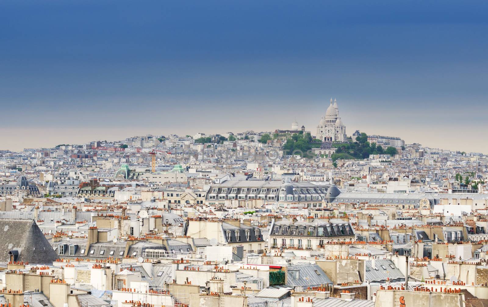 Montmartre skyline with Basilica Sacre Coeur. view from Pompidou center in Paris, France.