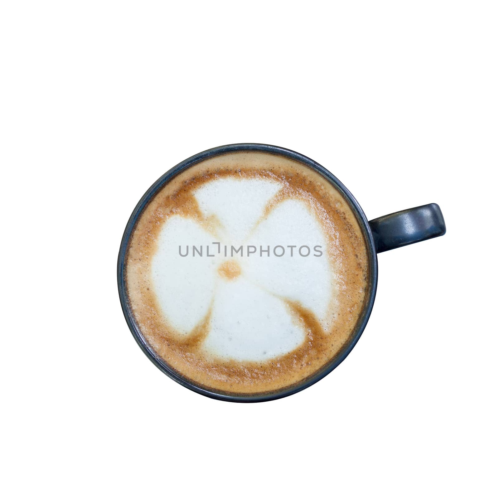 Coffee Cup with flower pattern on coffee foam isolated on white .