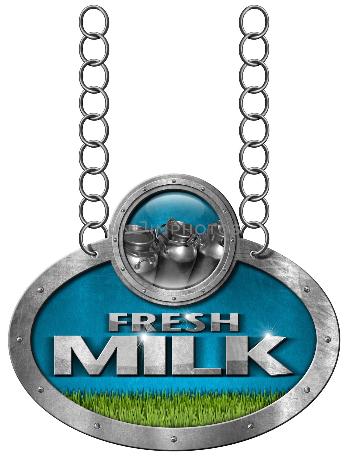 Metallic sign with text Fresh milk, steel cans for the transport of milk and a green grass. Hanging from a metal chain and isolated on white background