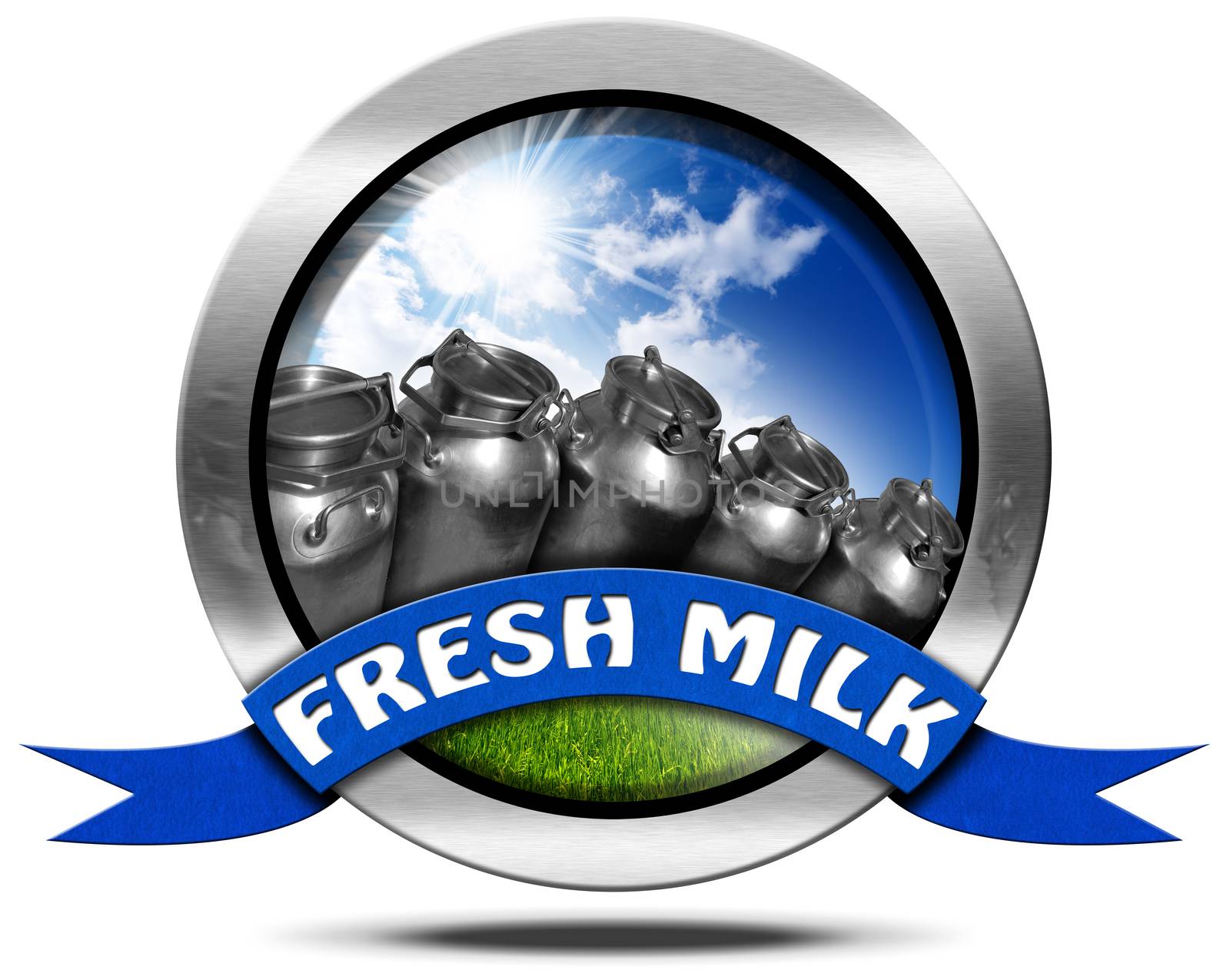 Metallic round icon or symbol with cans for the transport of milk, blue sky and green grass, blue ribbon with text Fresh milk. Isolated on white background