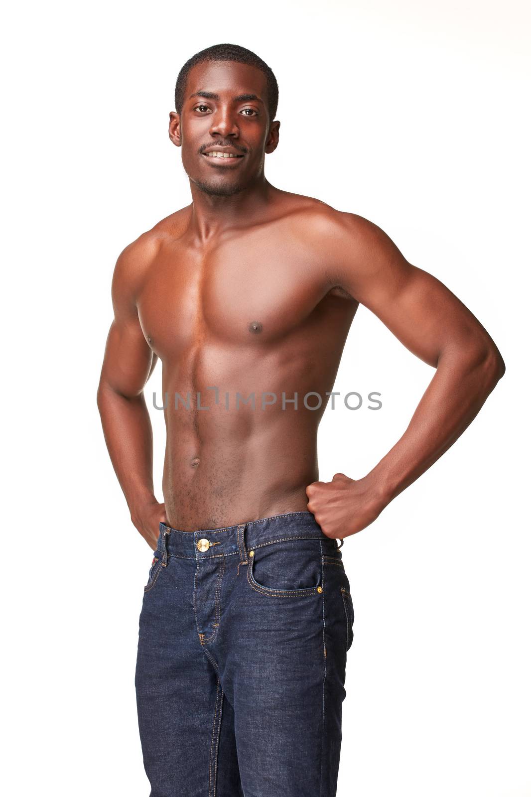 portrait of handsome young black african smiling man,  isolated on white background. Positive human emotions