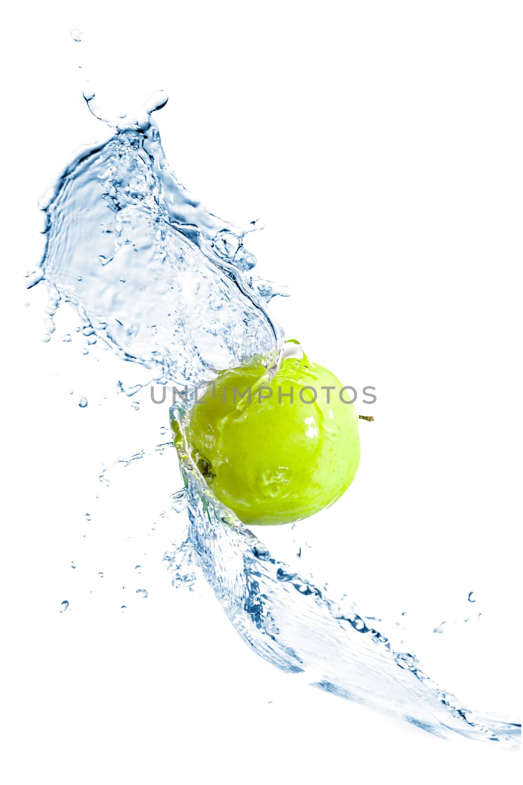 Green apple with water splash, isolated by artush