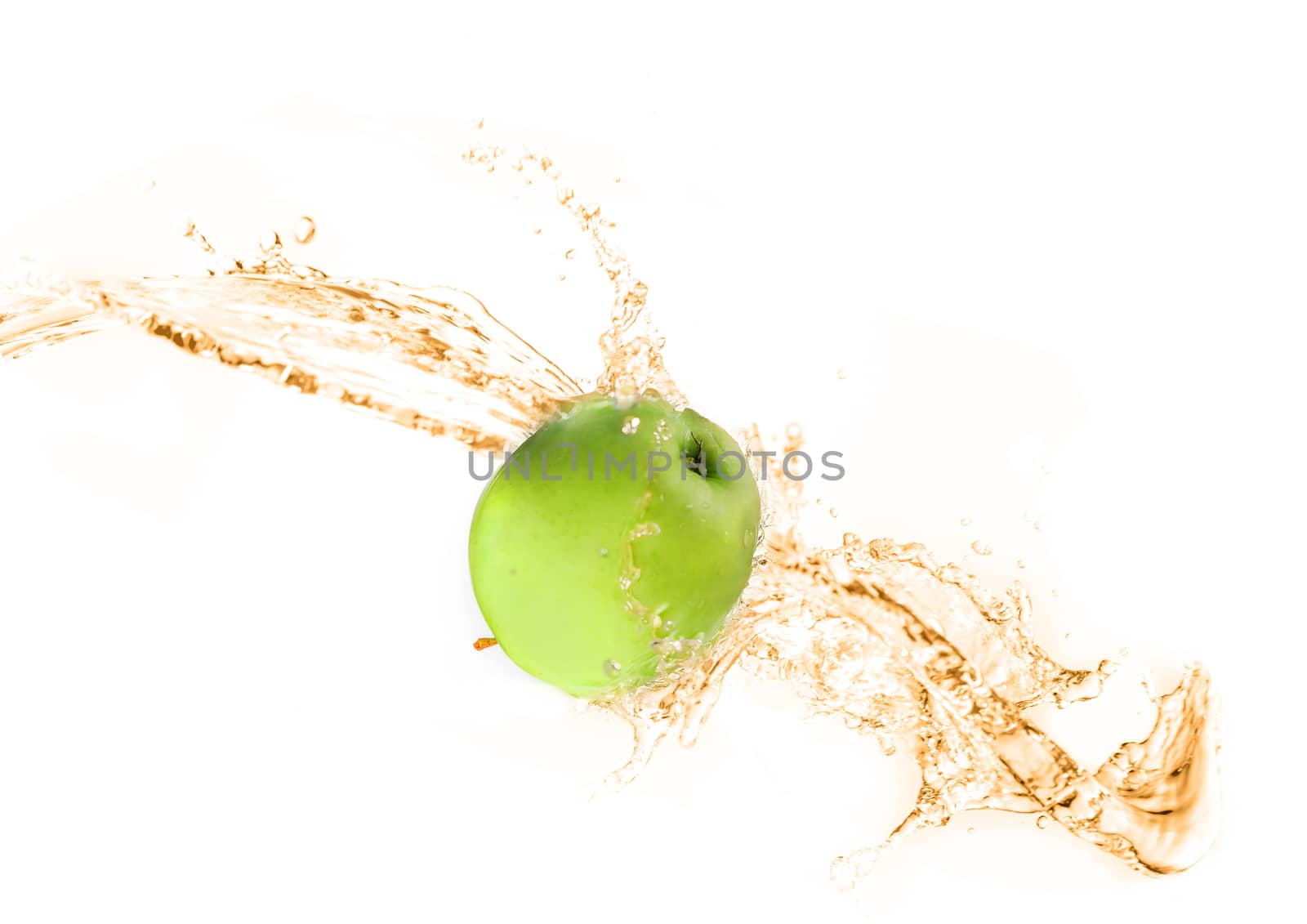 Green apple with water splash, isolated on white background