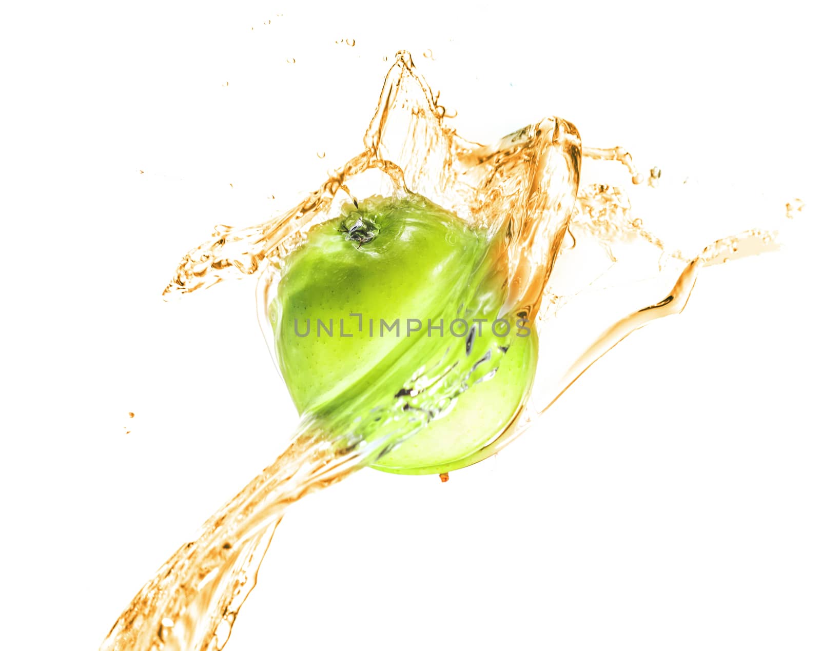 Green apple with water splash, isolated on white background
