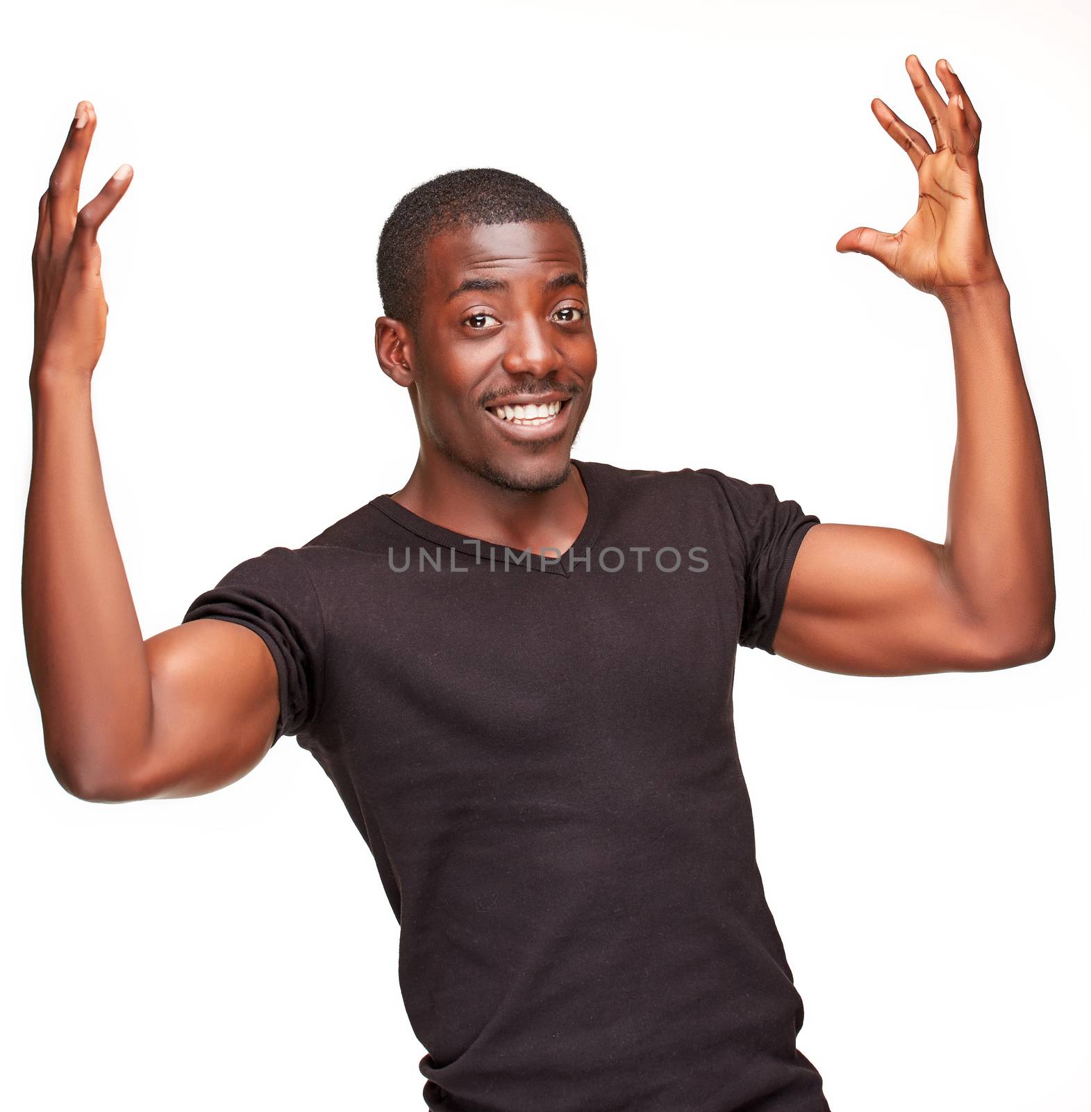 portrait of handsome young black african smiling man,  isolated on white background. human emotions - surprise. face close up