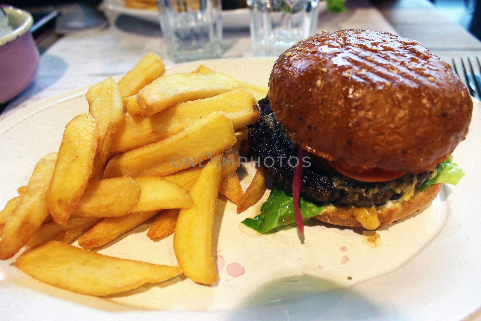 Delicious hamburger with french fries. Restaurant Frankfurt Airport in Germany