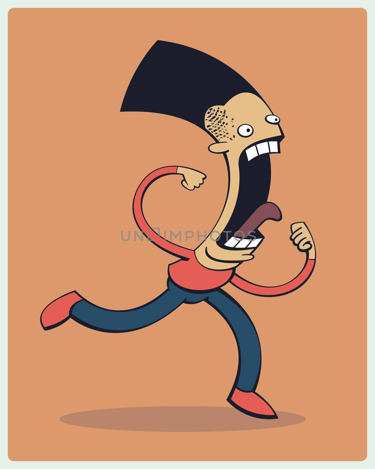 Excited combative sports fan yelling and jumping in pugnacious spirits with widely opened mouth and fists up vector illustration cartoon