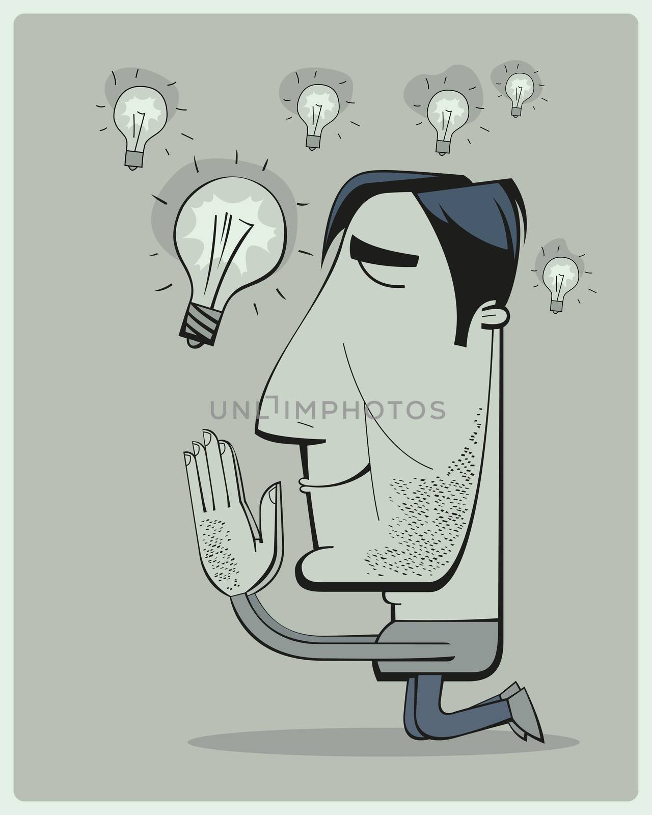Positive thinking businessman is praying for new ideas by imagining the abundance of ideas falling from the sky in the shape of bright light-bulbs