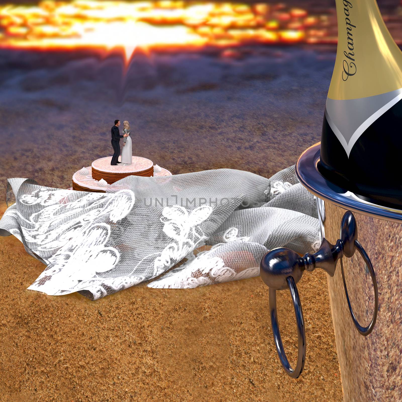 This illustration suggests a just married couple on the beach. Champagne, wedding veil, cake and top cake figurines.