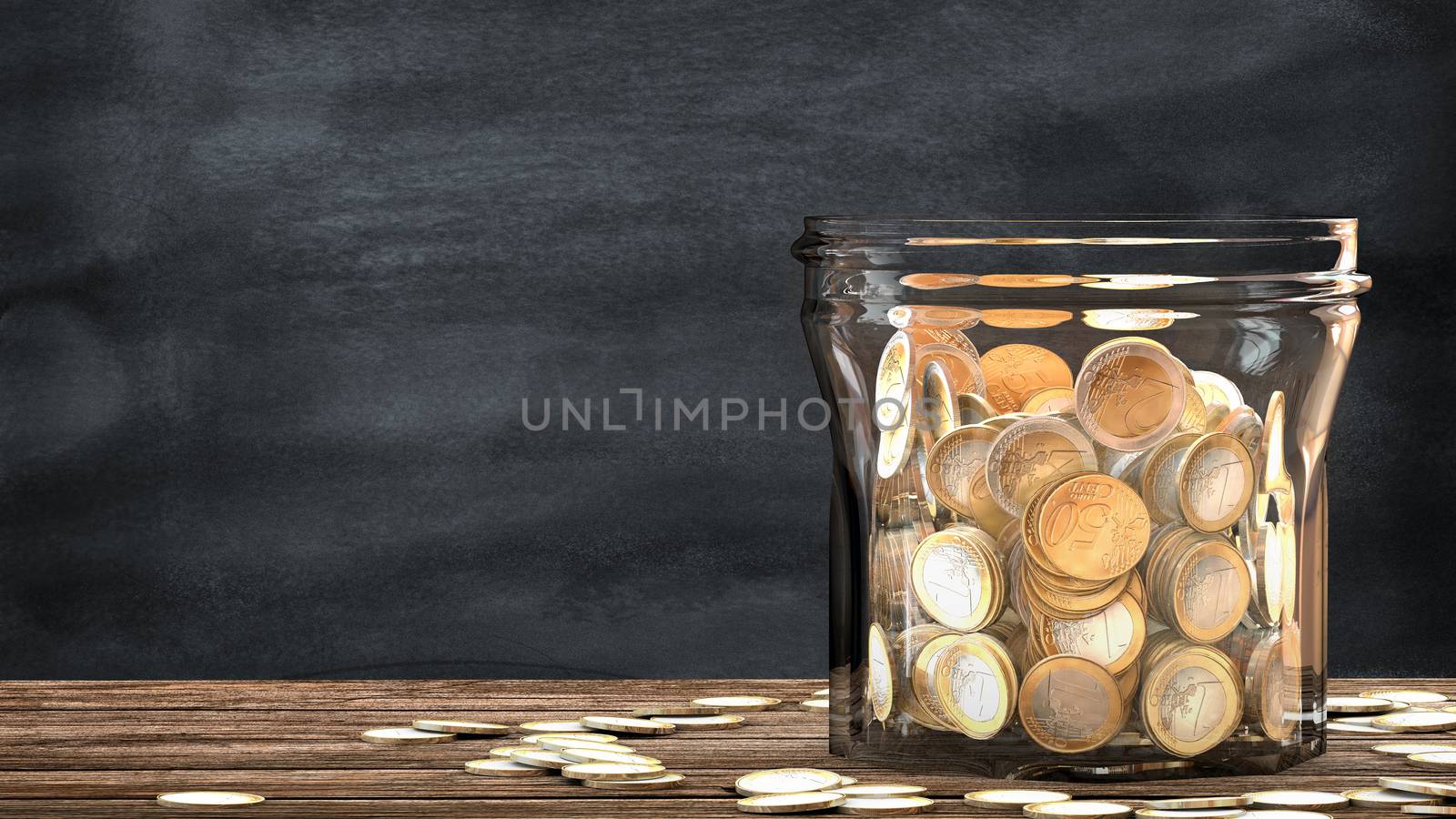 Mason jar full of tossed coins. This illustration is a metaphor for financial saving. 3D render.