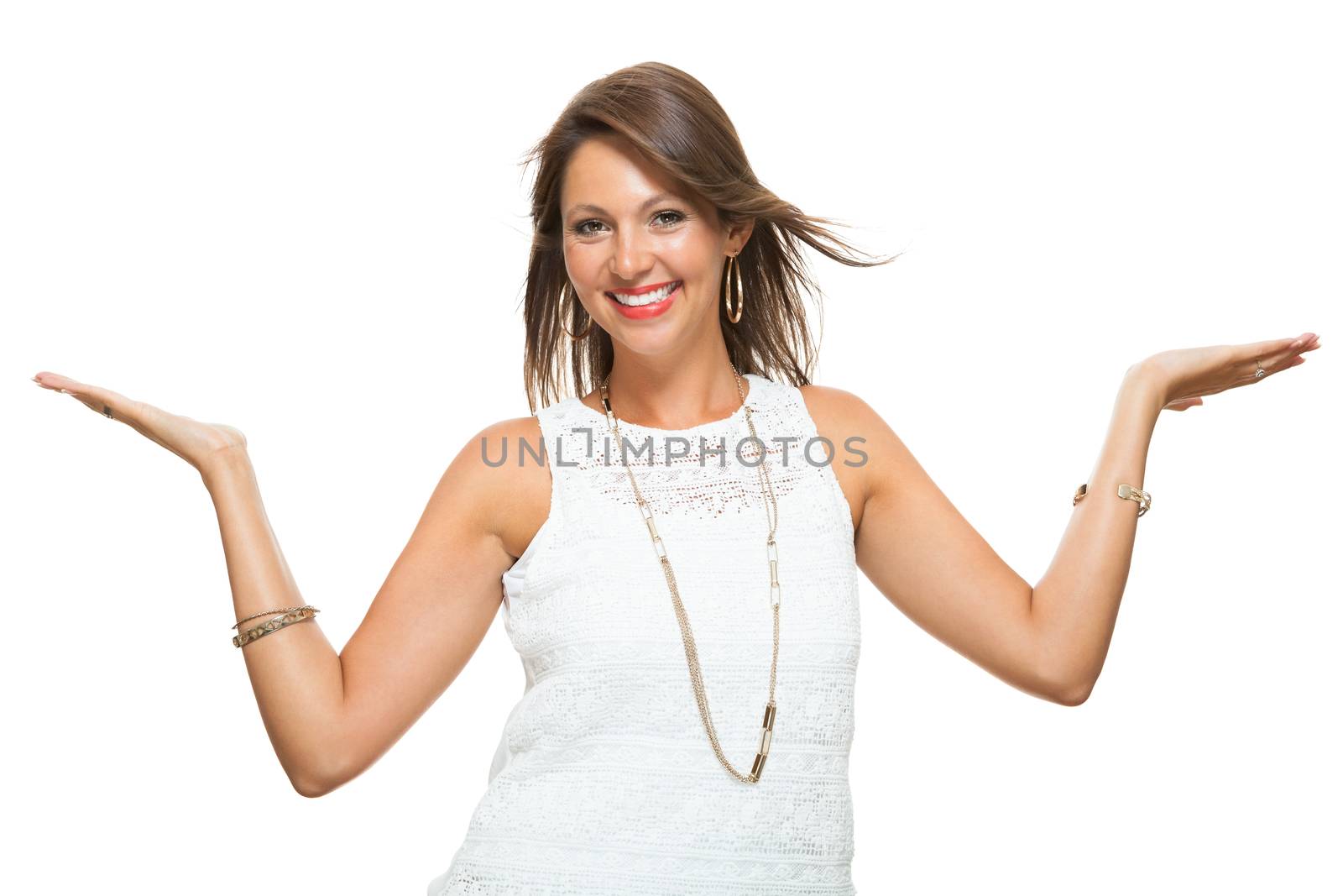 Close up Cheerful Pretty Young Woman in White Sleeveless Shirt with Scarf, Smiling at the Camera While Holding her Waist, Isolated on White Background.