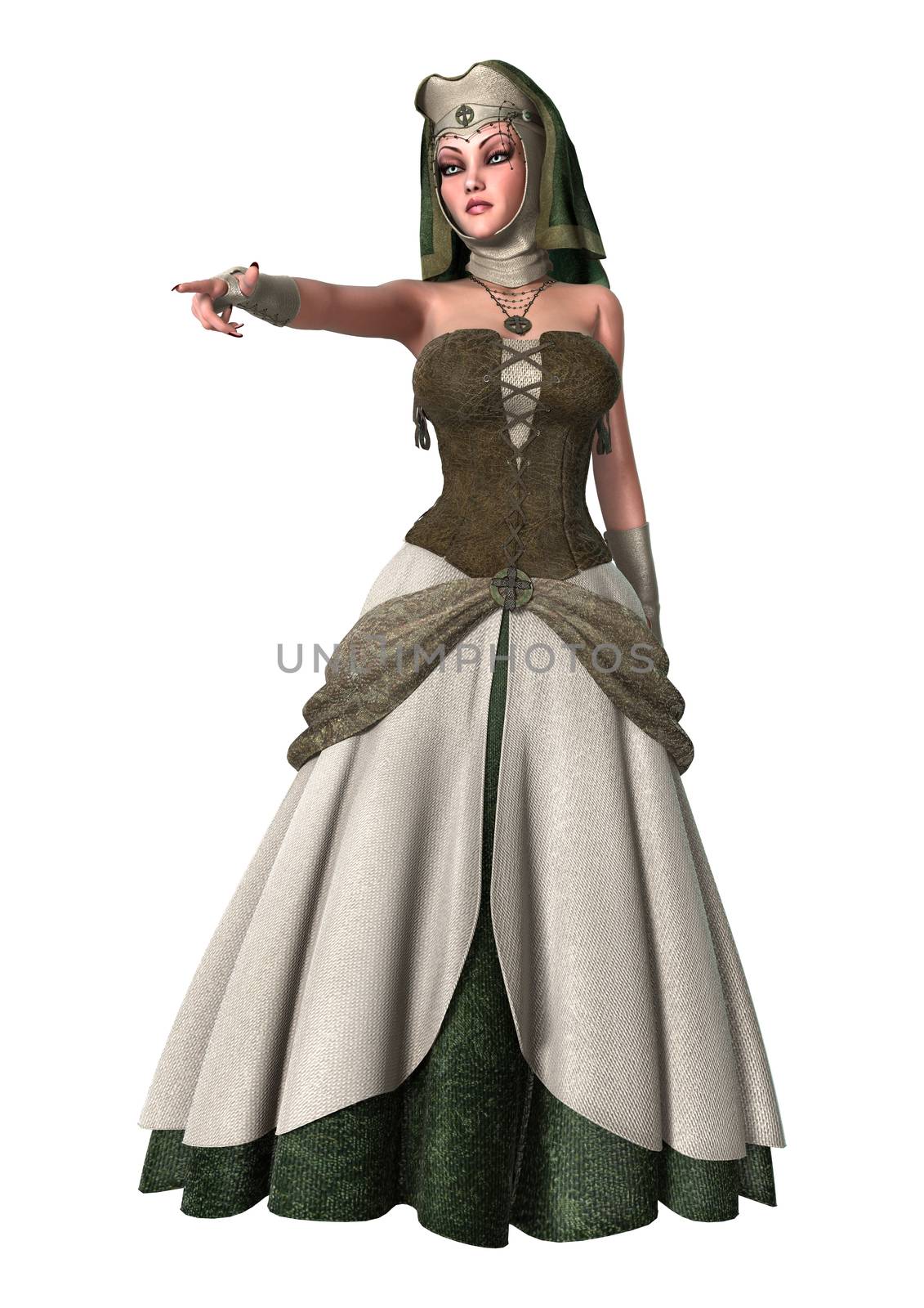 3D digital render of a beautiful witch wearing a medieval dress isolated on white background