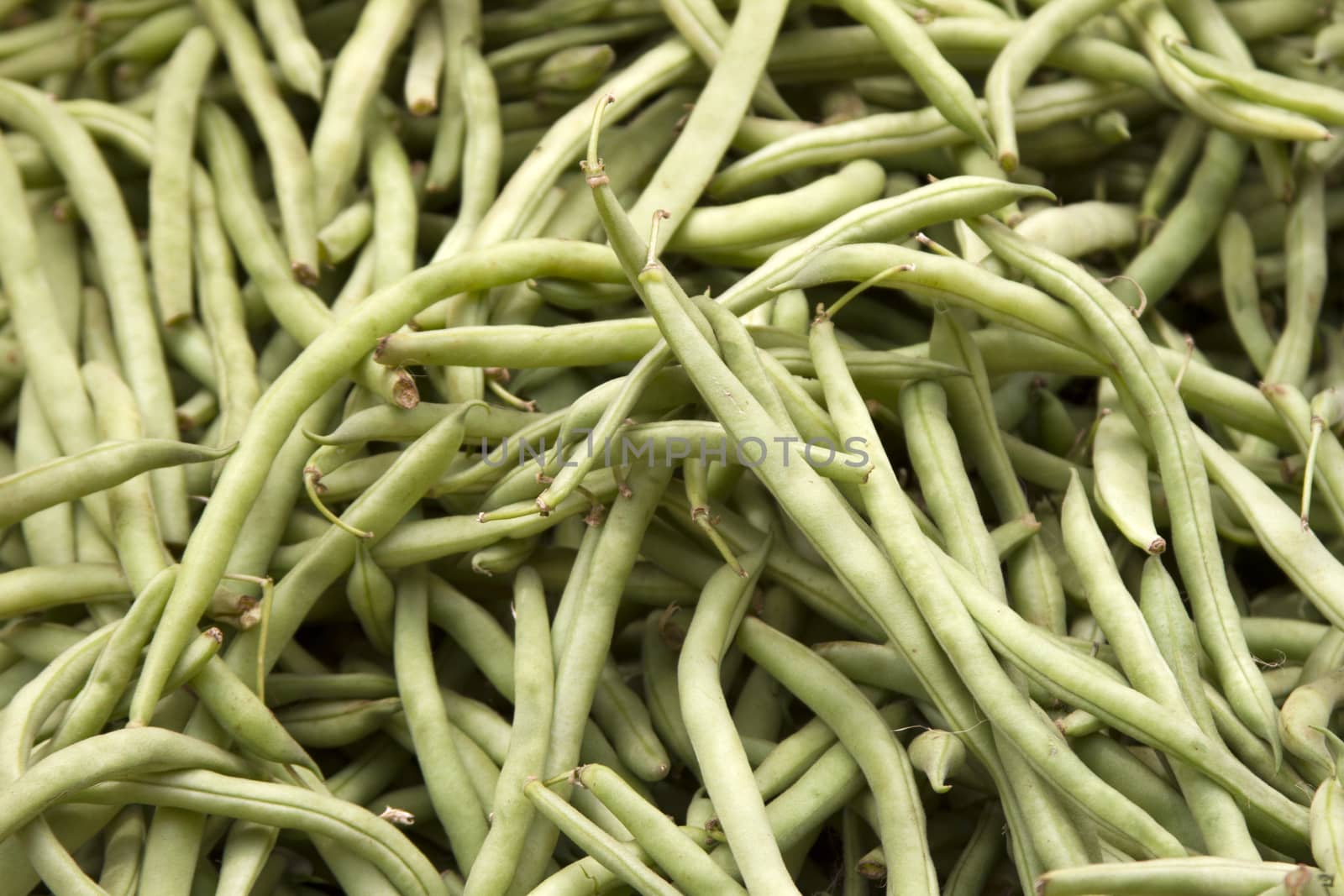 Fresh juicy green beans on a counter in the market of India of Goa.