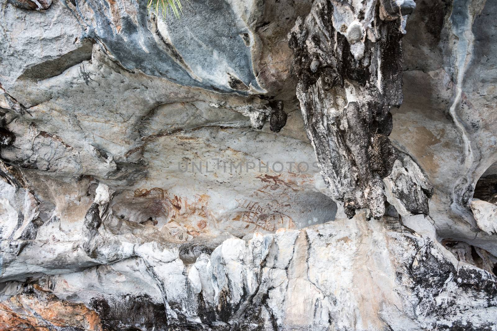Ancient paintings on cave wall of the island is tourist attractions in Phang Nga Bay or Ao Phang Nga National Park, Thailand