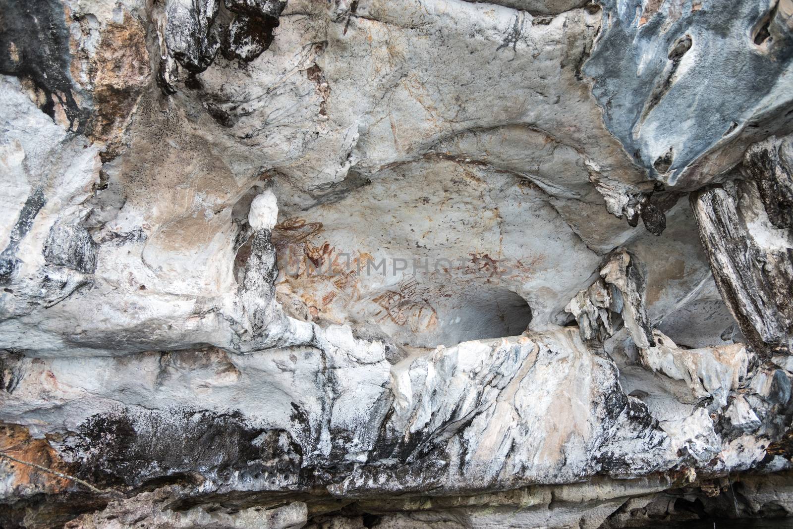 Ancient paintings on cave wall of the island is tourist attractions in Phang Nga Bay or Ao Phang Nga National Park, Thailand