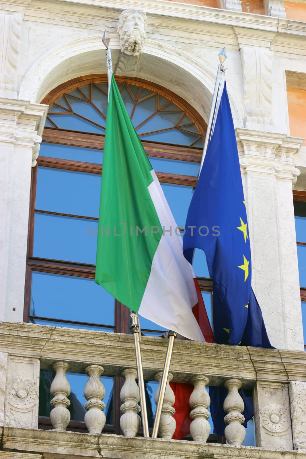 Flags of Italy, and the European Union in Venice, Italy
