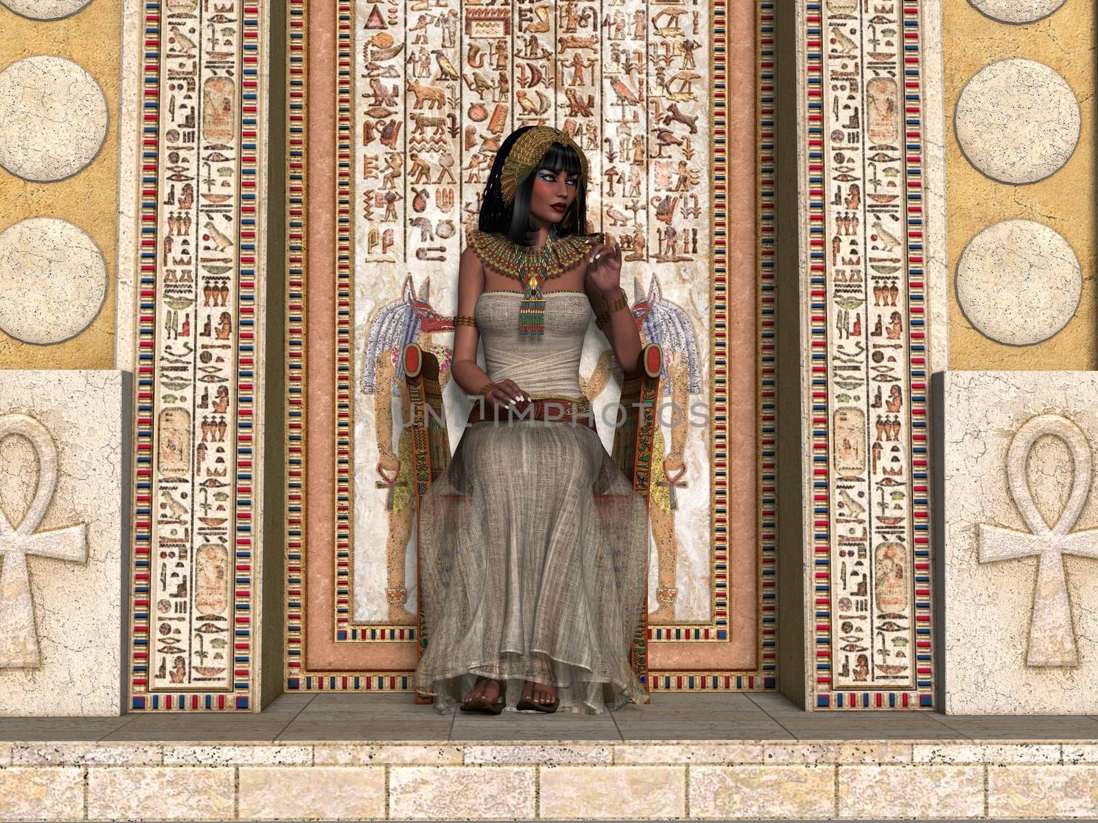 A young Egyptian princess sits on a throne in the Old Kingdom surrounded by hieroglyphs.
