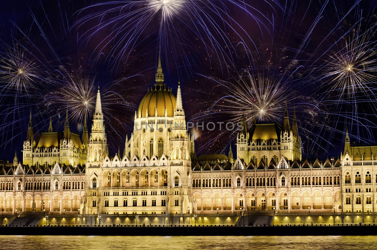 Fireworks and Hungarian parliament, Budapest by sarkao