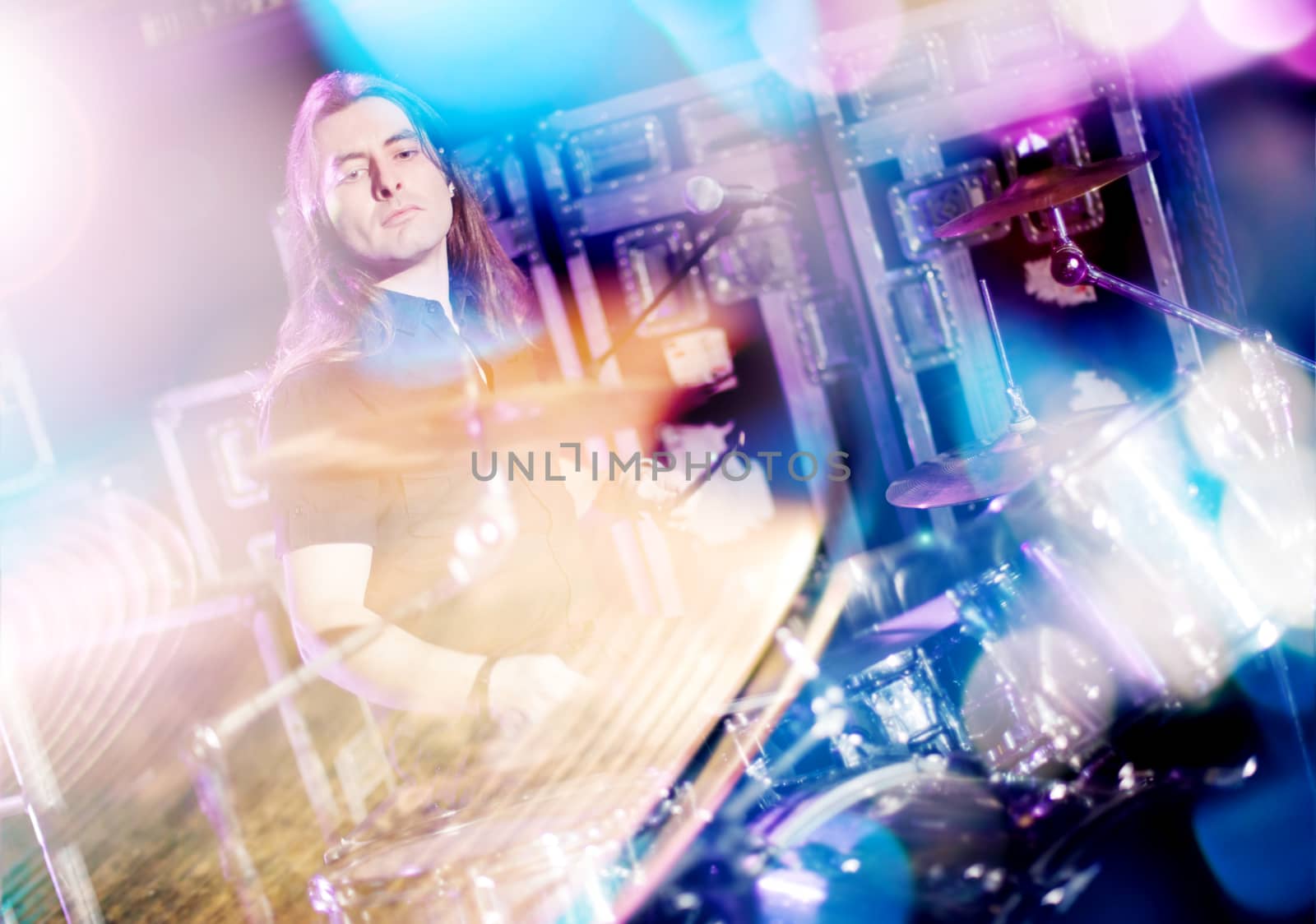 Man playing drums live. Concept live music.Double exposure. by Ainat
