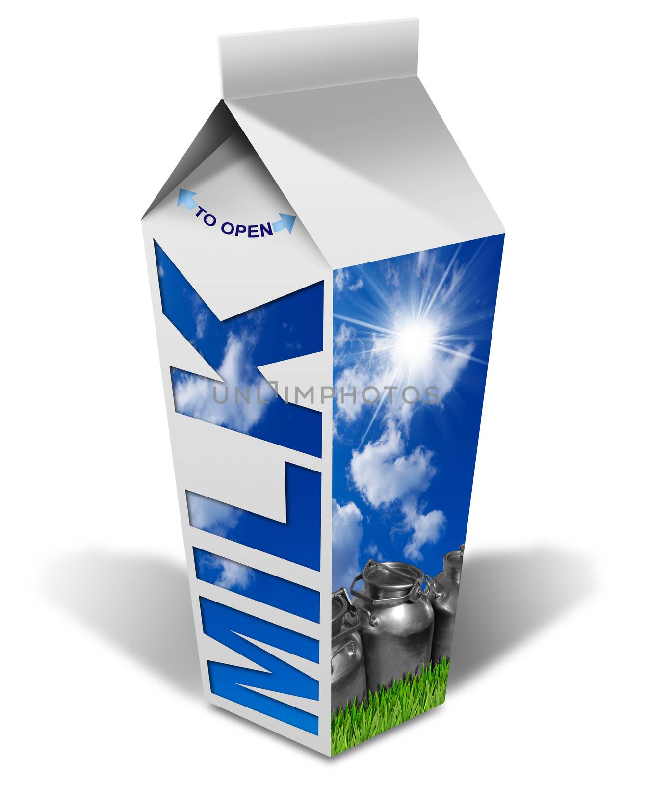 White packaging of fresh milk with text Milk, blue sky with clouds and sun rays, steel cans for the transport of milk, green grass. Isolated on white background