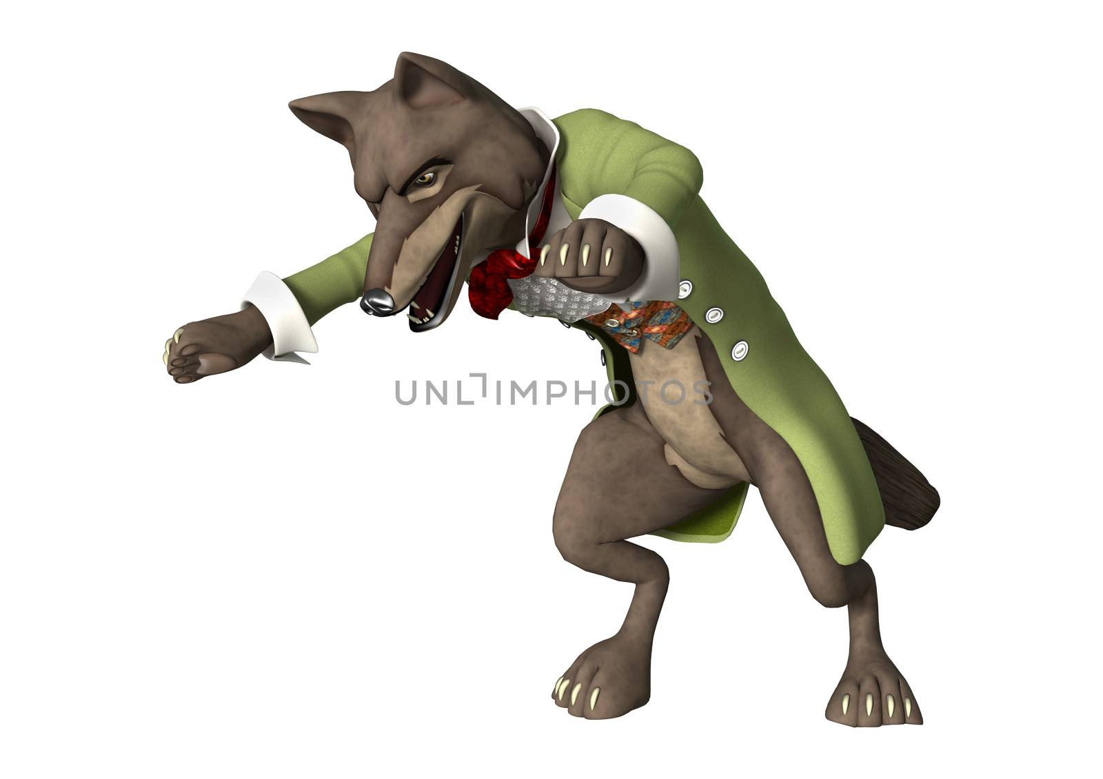 3D digital render of a fairytale wolf isolated on white background