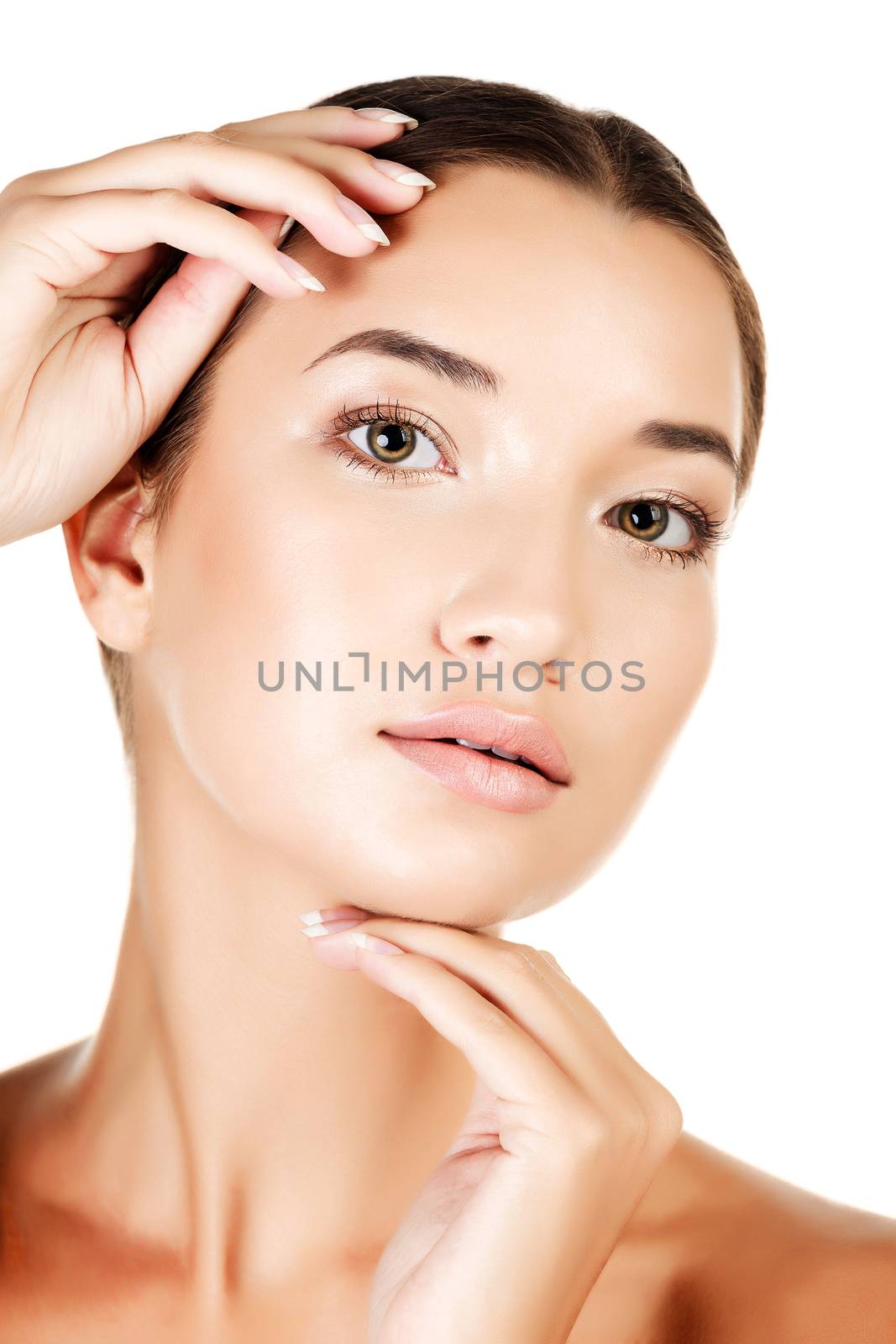 female face and hands, white background, copyspace by Nobilior