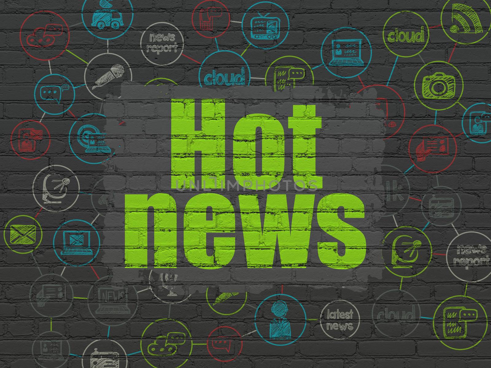 News concept: Painted green text Hot News on Black Brick wall background with Scheme Of Hand Drawn News Icons, 3d render