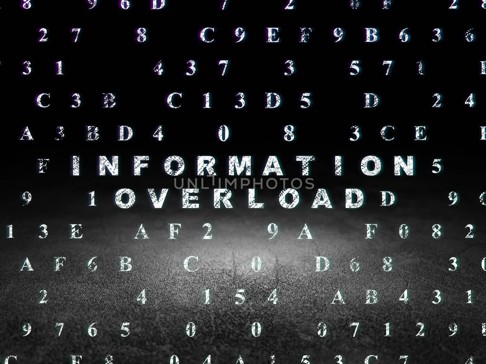 Information concept: Glowing text Information Overload in grunge dark room with Dirty Floor, black background with Hexadecimal Code, 3d render