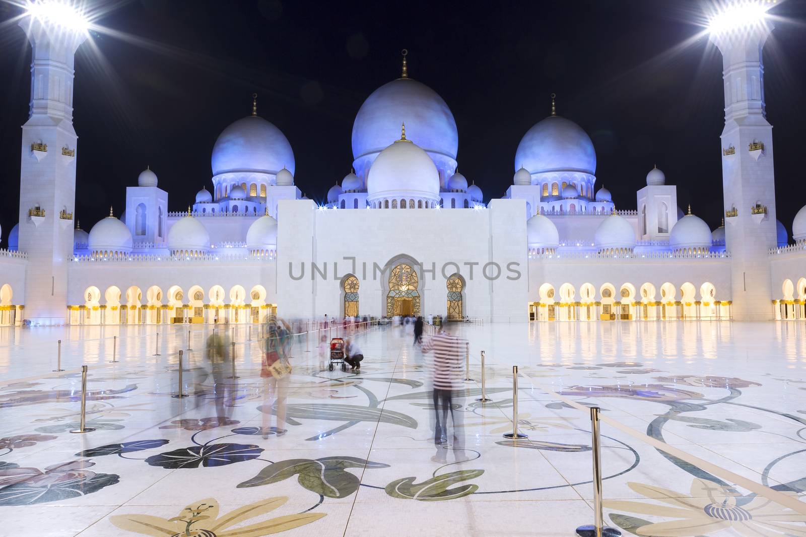 View in the famous Abu Dhabi Sheikh Zayed Mosque by night, UAE.