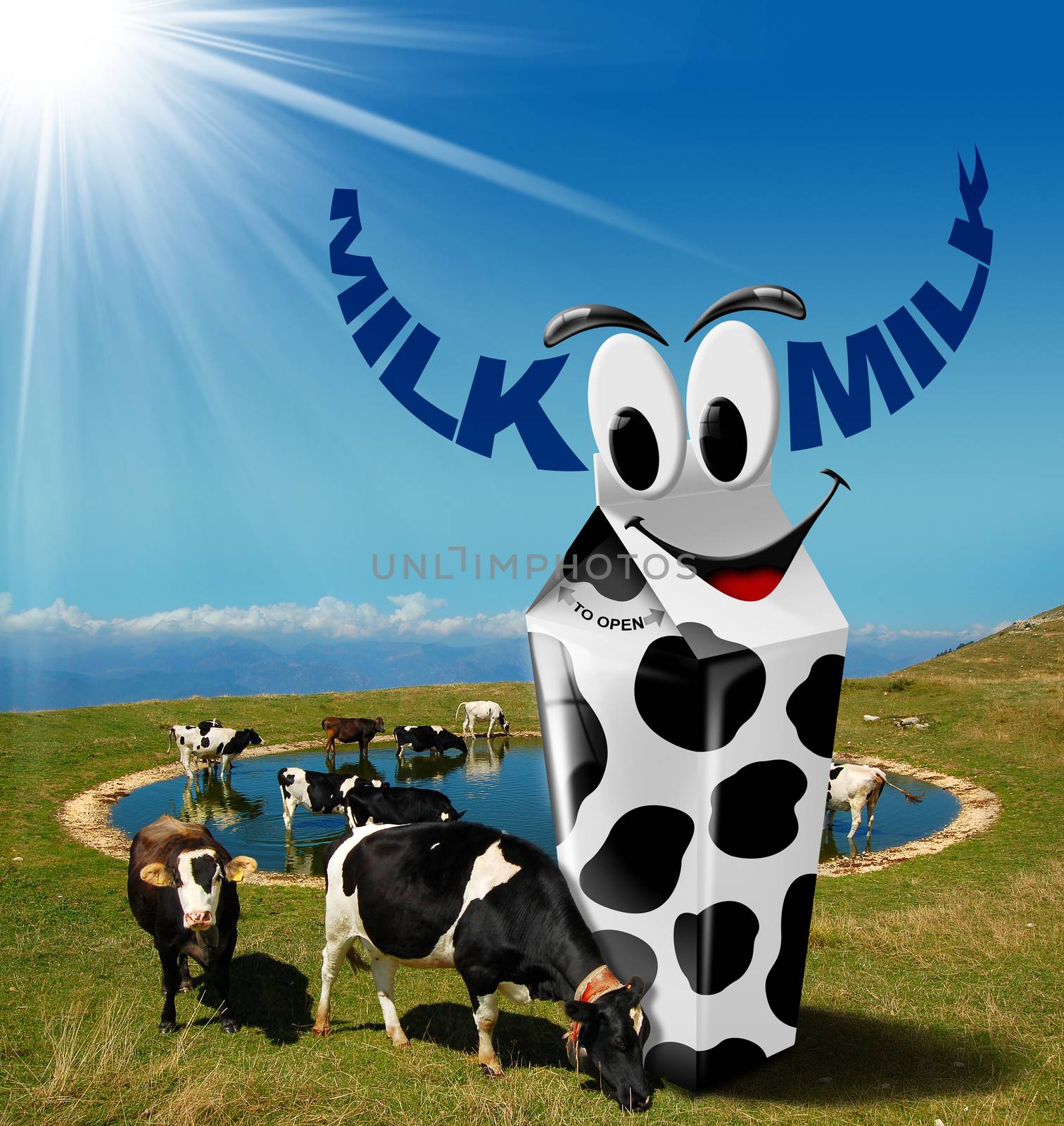 Cows grazing in the mountains with white carton milk with black spots and text milk in the shape of horns. Fresh milk concept