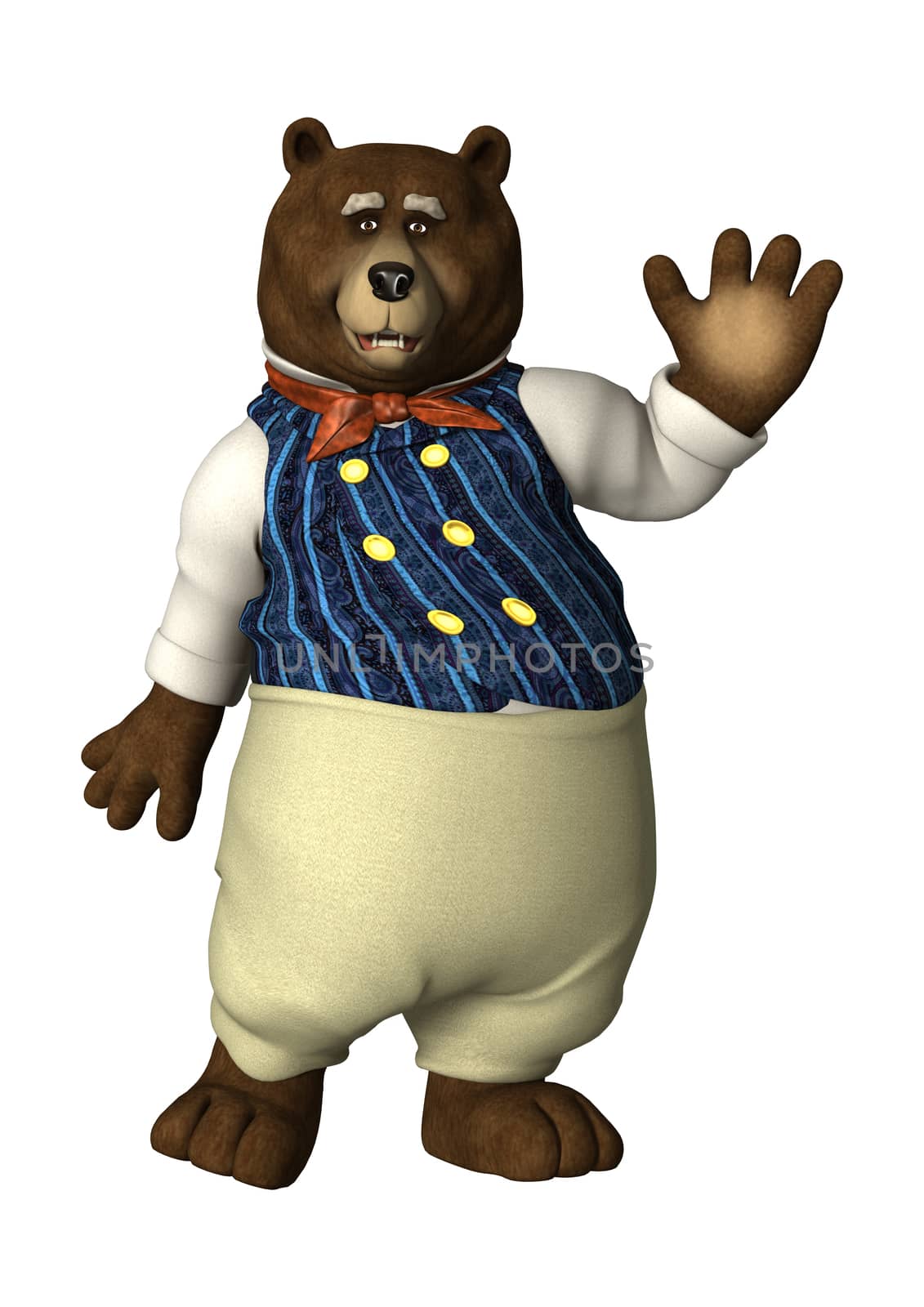 3D digital render of a fairytale bear waving isolated on white background