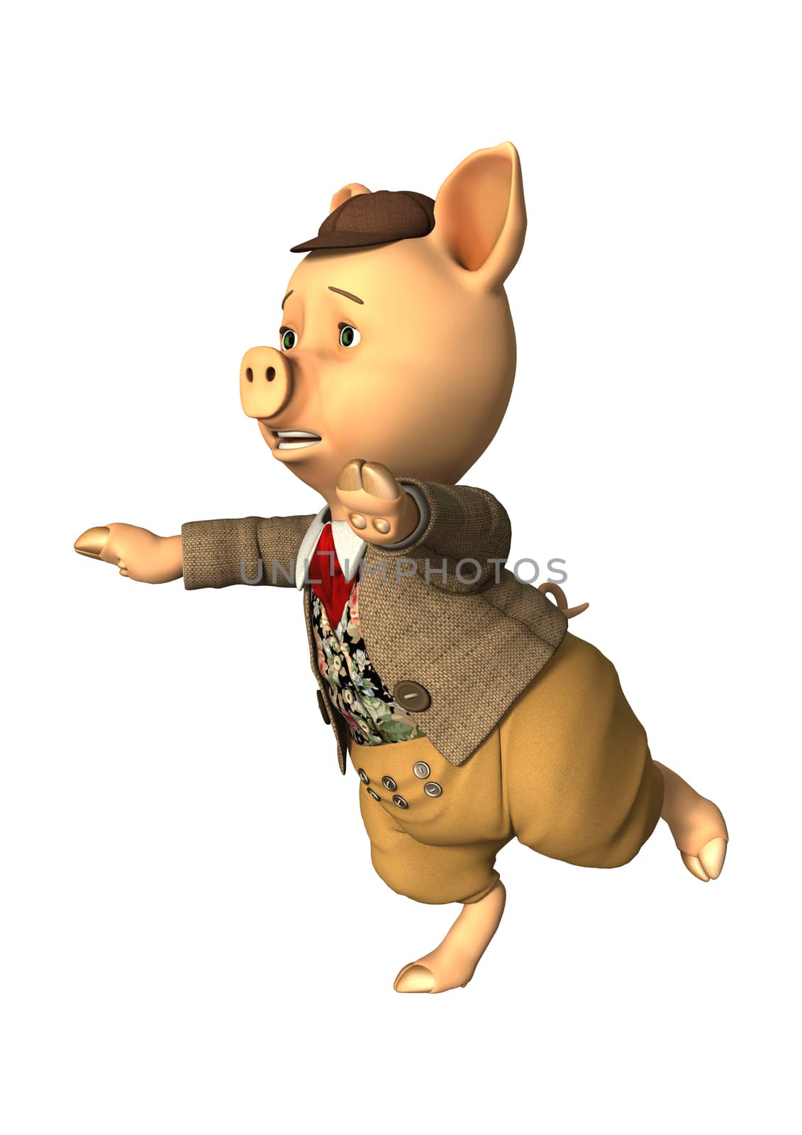 3D digital render of a little fairytale pig running isolated on white background