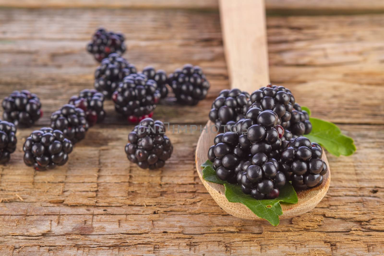 blackberries with spoon on wooden background by manaemedia