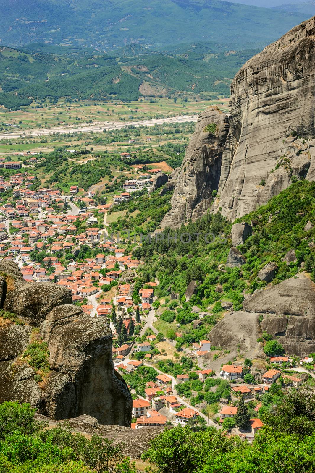 Kalambaka small town bird view from the Meteora rocks, Greece