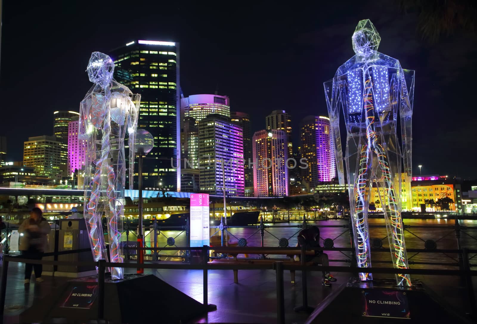 SYDNEY, AUSTRALIA - MAY 27, 2015; Sydney Vivid exhibit, Exposed reveals the interior worlds of three giant humanoid figures, each of which is transparent. Depicted are internal body humanoid and internal mechanics humanoid Artists: Mark Gregan / Leo Trimboli / Catalina Chica / Patrick O’Dowd
