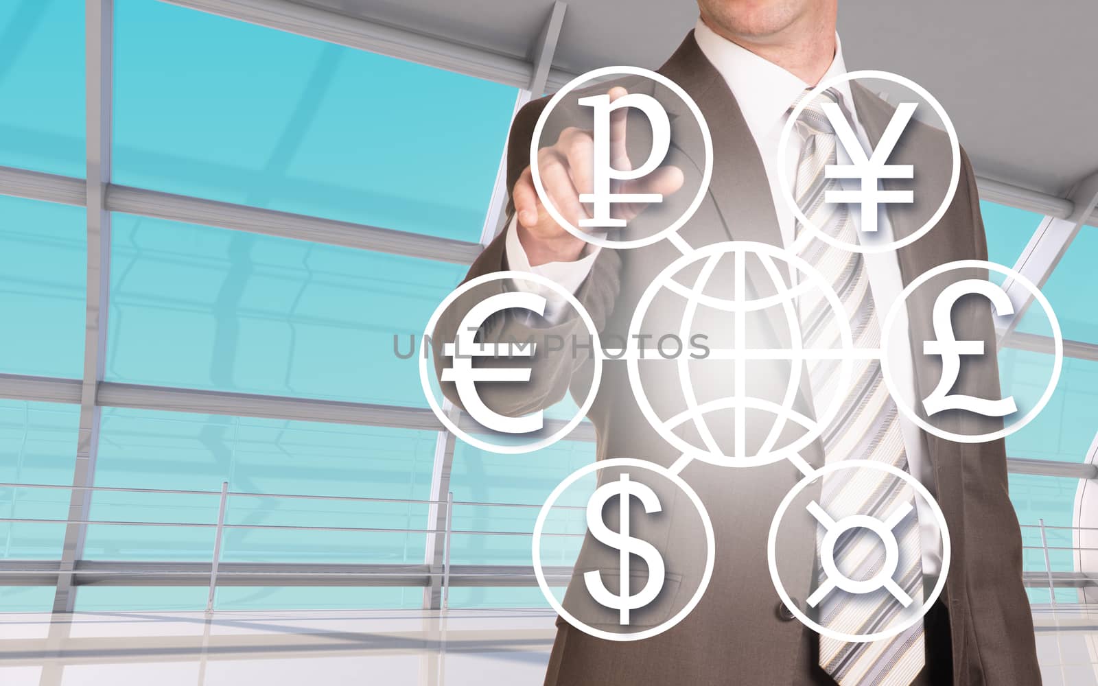 Businessman pressing on holographic screen with different currencies