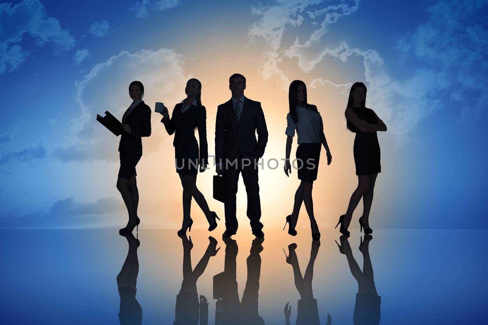 Young attractive business people with four women looking at camera on abstract background