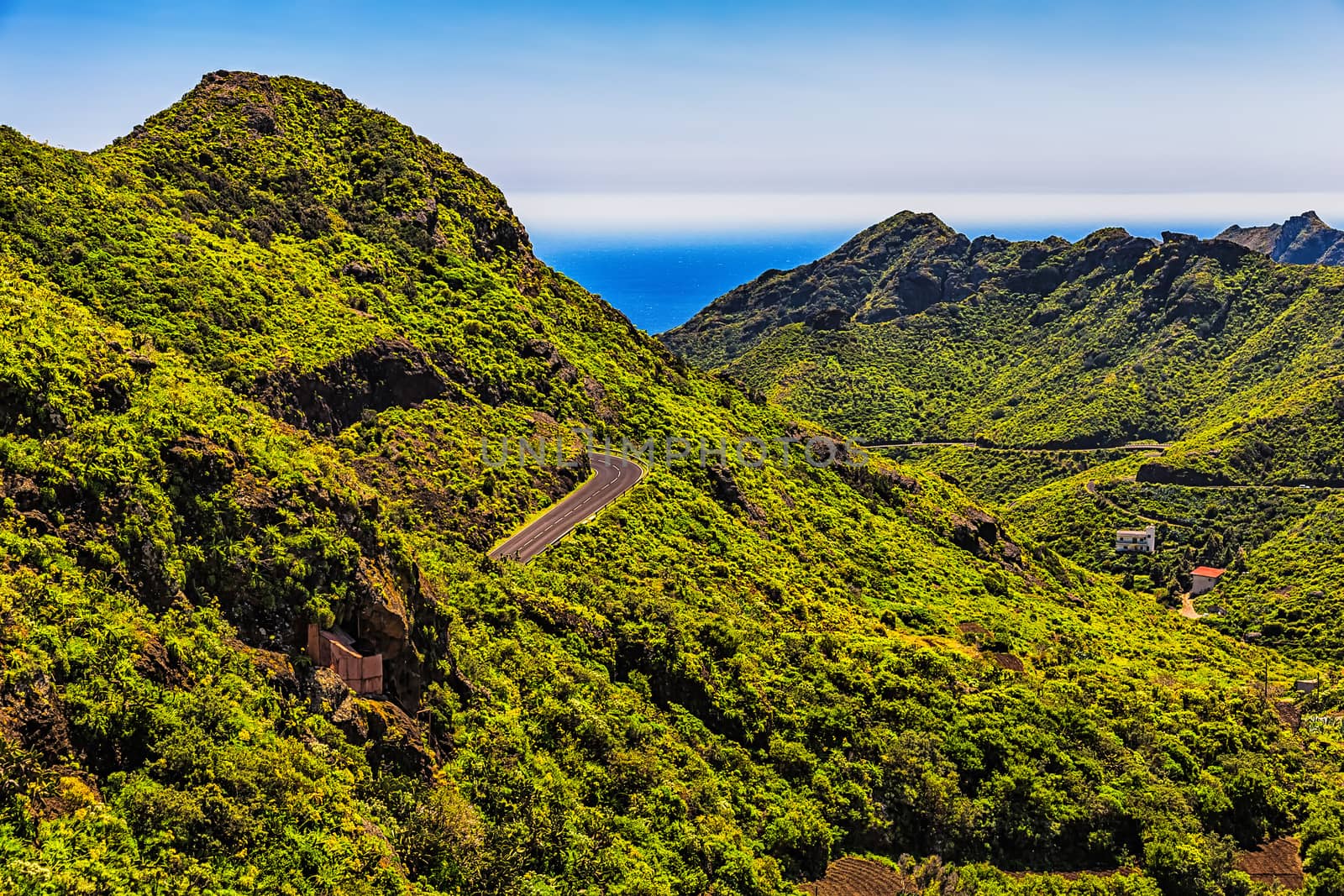Green mountains or rocks with winding or serpantine road and sky with ocean on horizon or skyline landscape in Tenerife Canary island, Spain at summer