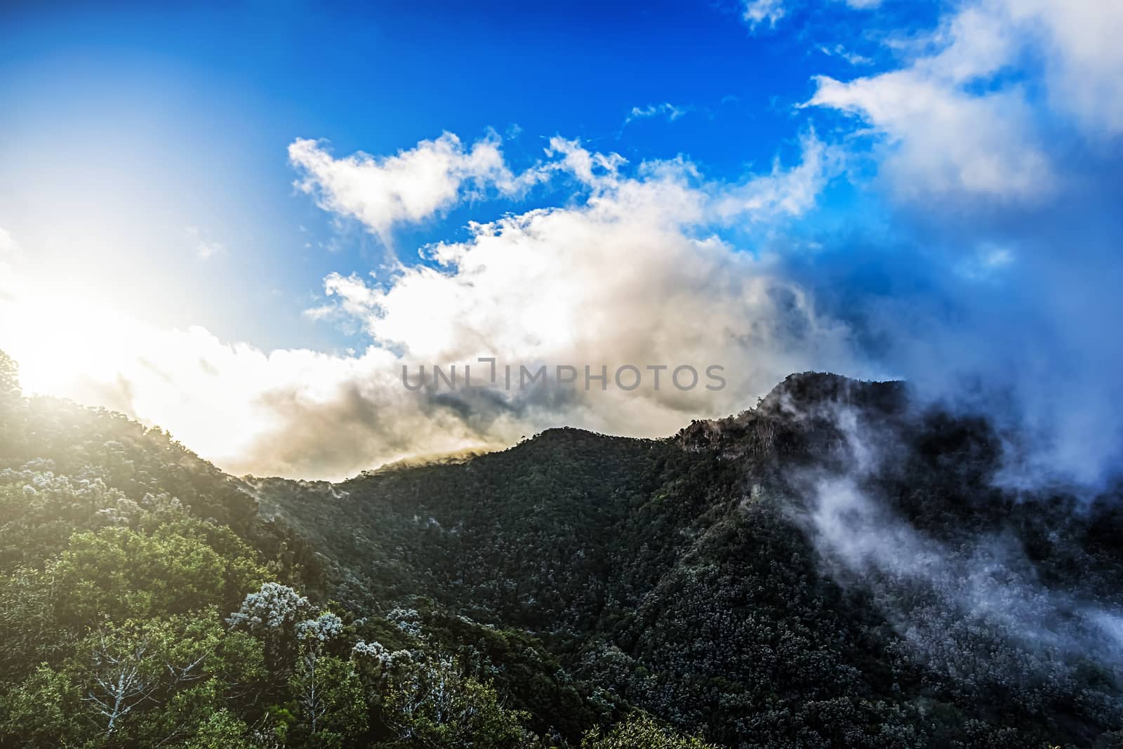 Green mountains or rocks with clouds and sun with sunlight on sky landscape in Tenerife Canary island, Spain at sunset