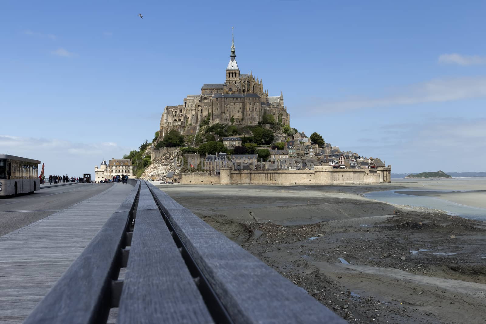 A low angle and distance photo on the abbey in Normandy, France