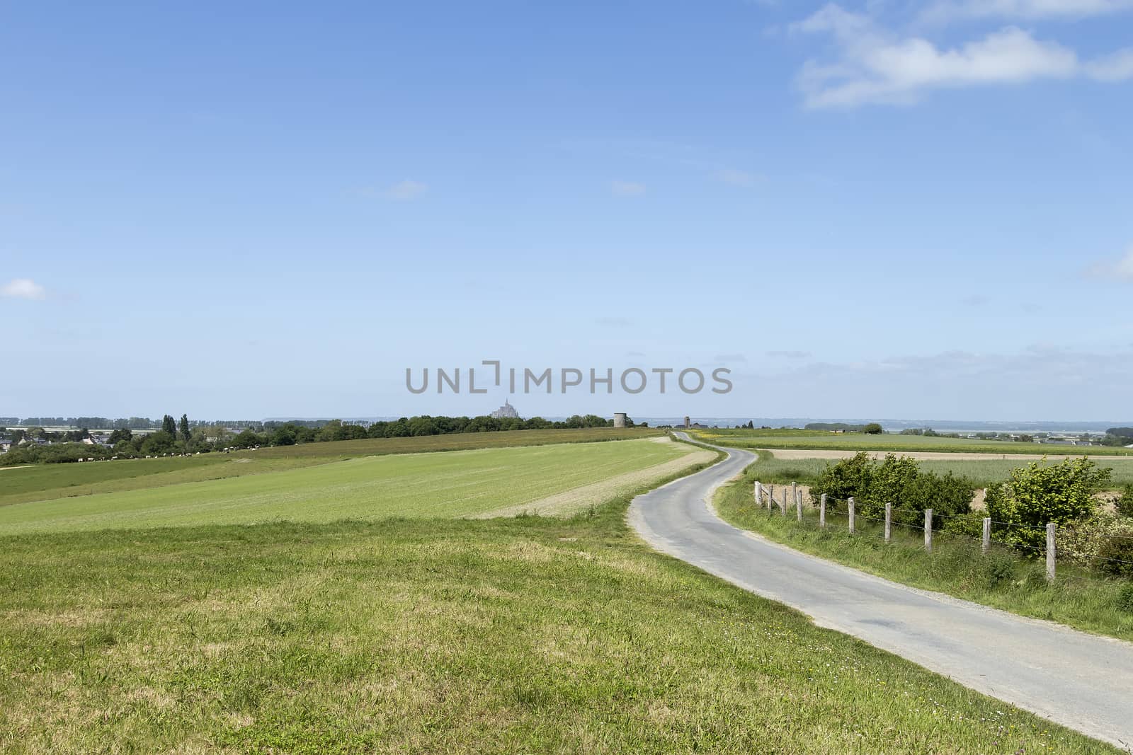 A long an winding road on a field with Mont St Michel in the background