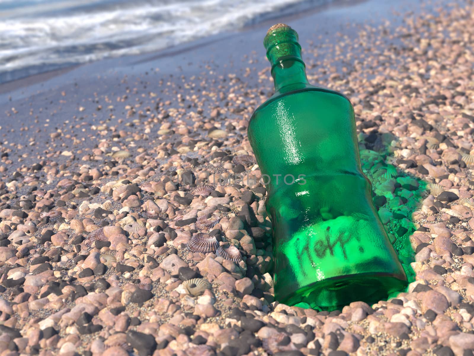 Help Message in a bottle on a shore concept background