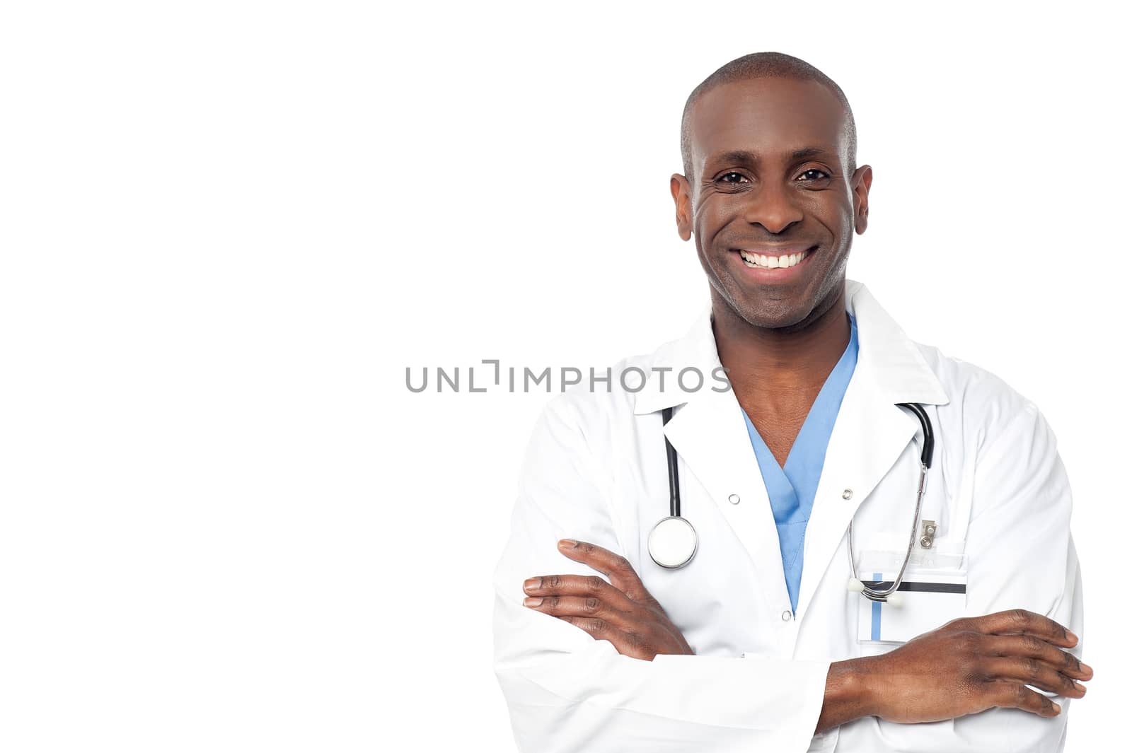 Image of a cheerful middle aged doctor over white