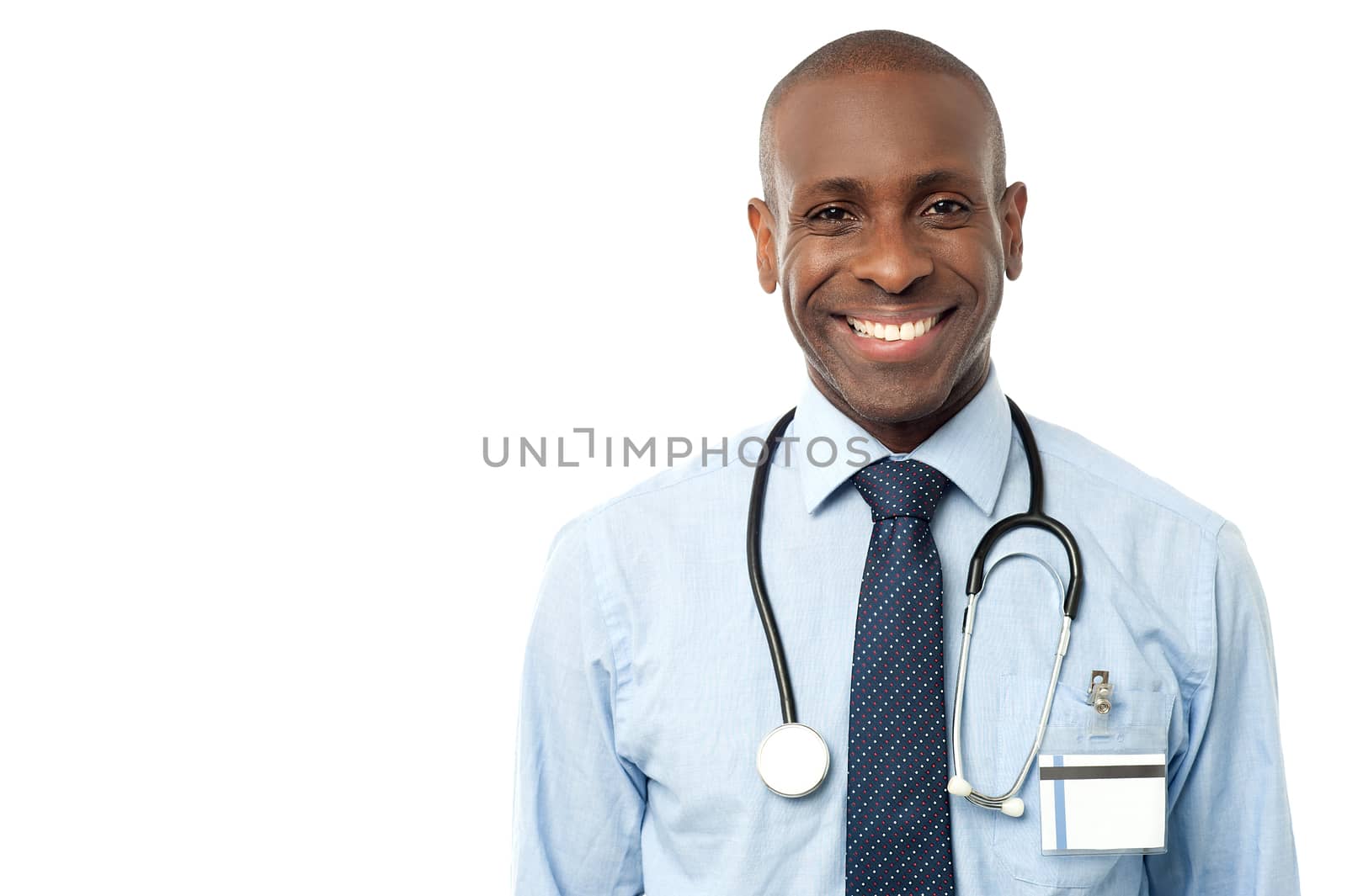 Happy male doctor with stethoscope by stockyimages