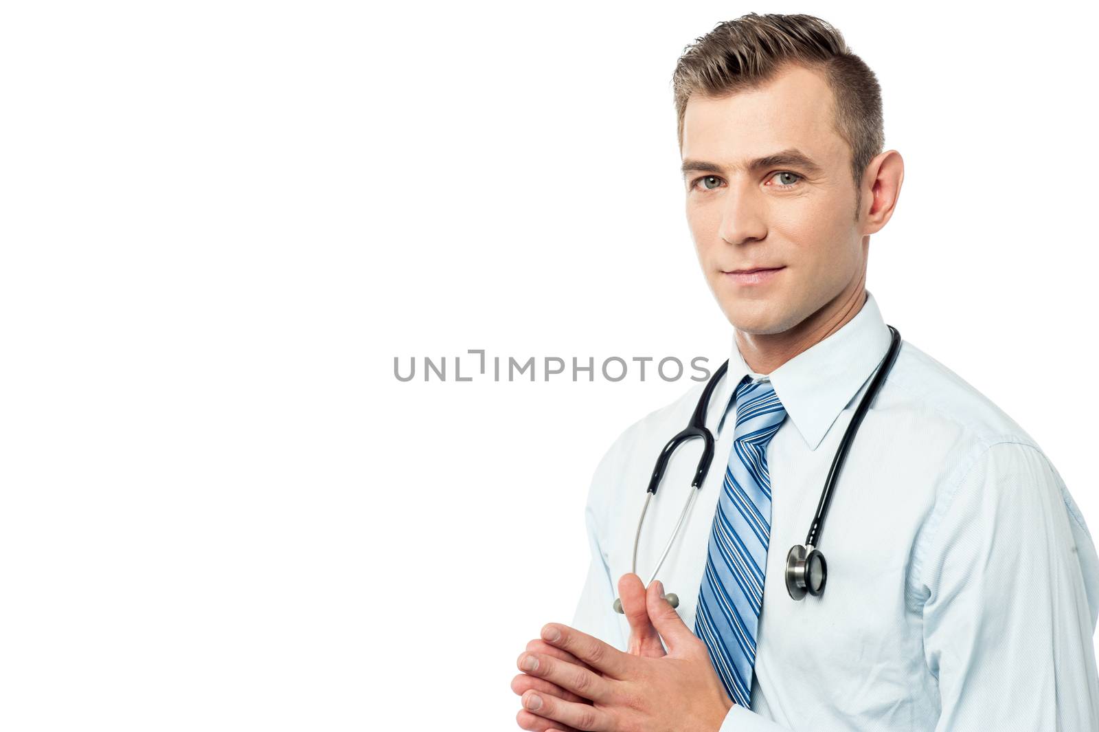 Successful male doctor with his hands clasped