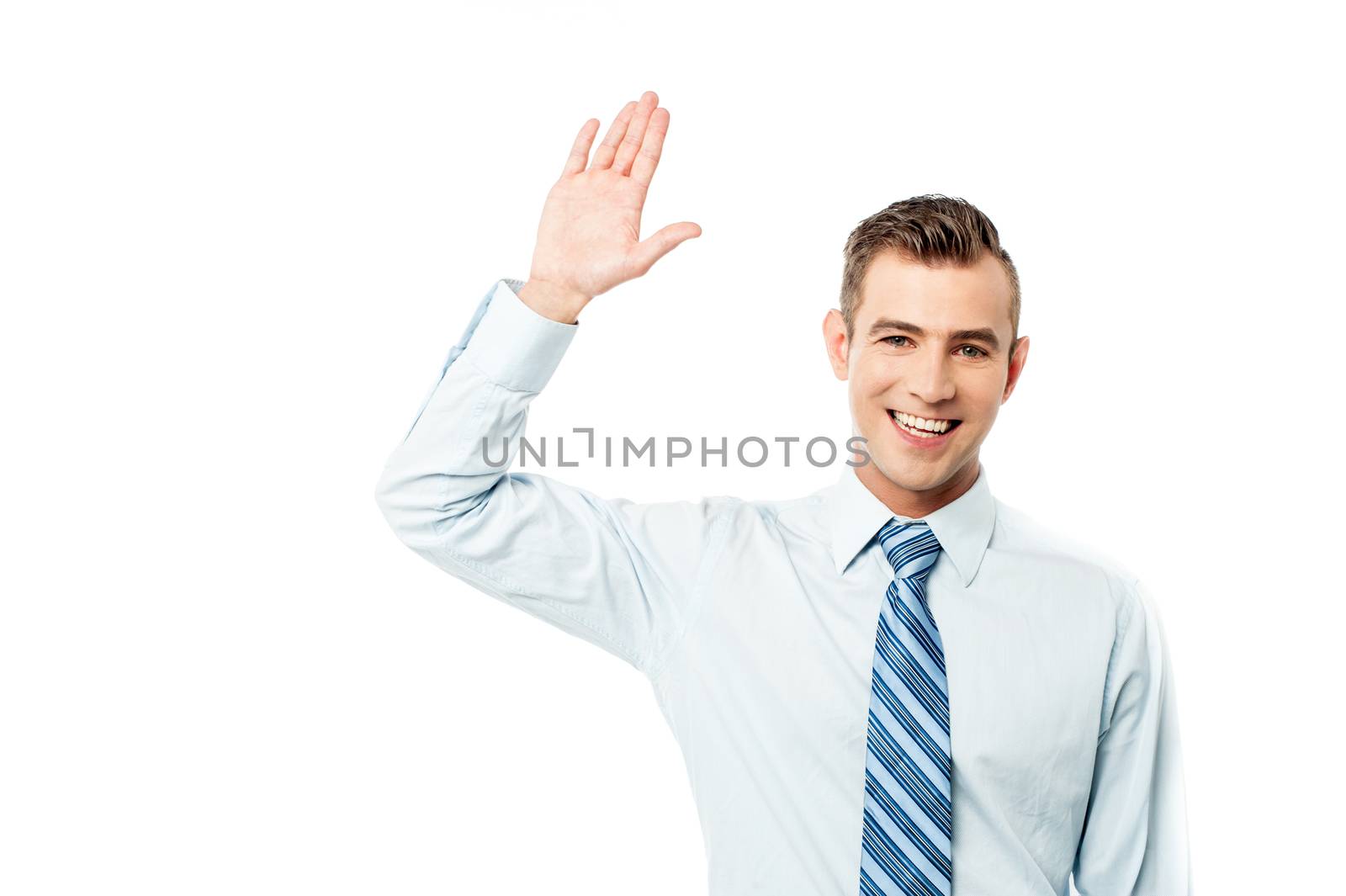 Handsome corporate man waving hand over white
