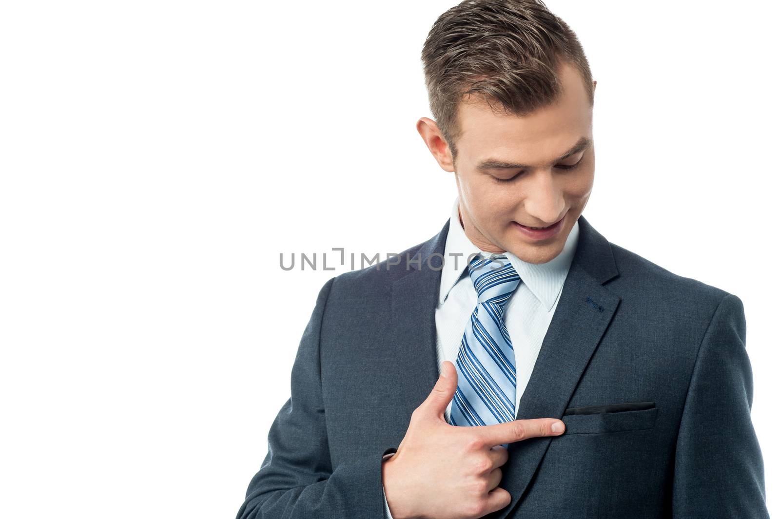 Smart businessman pointing his finger on suit