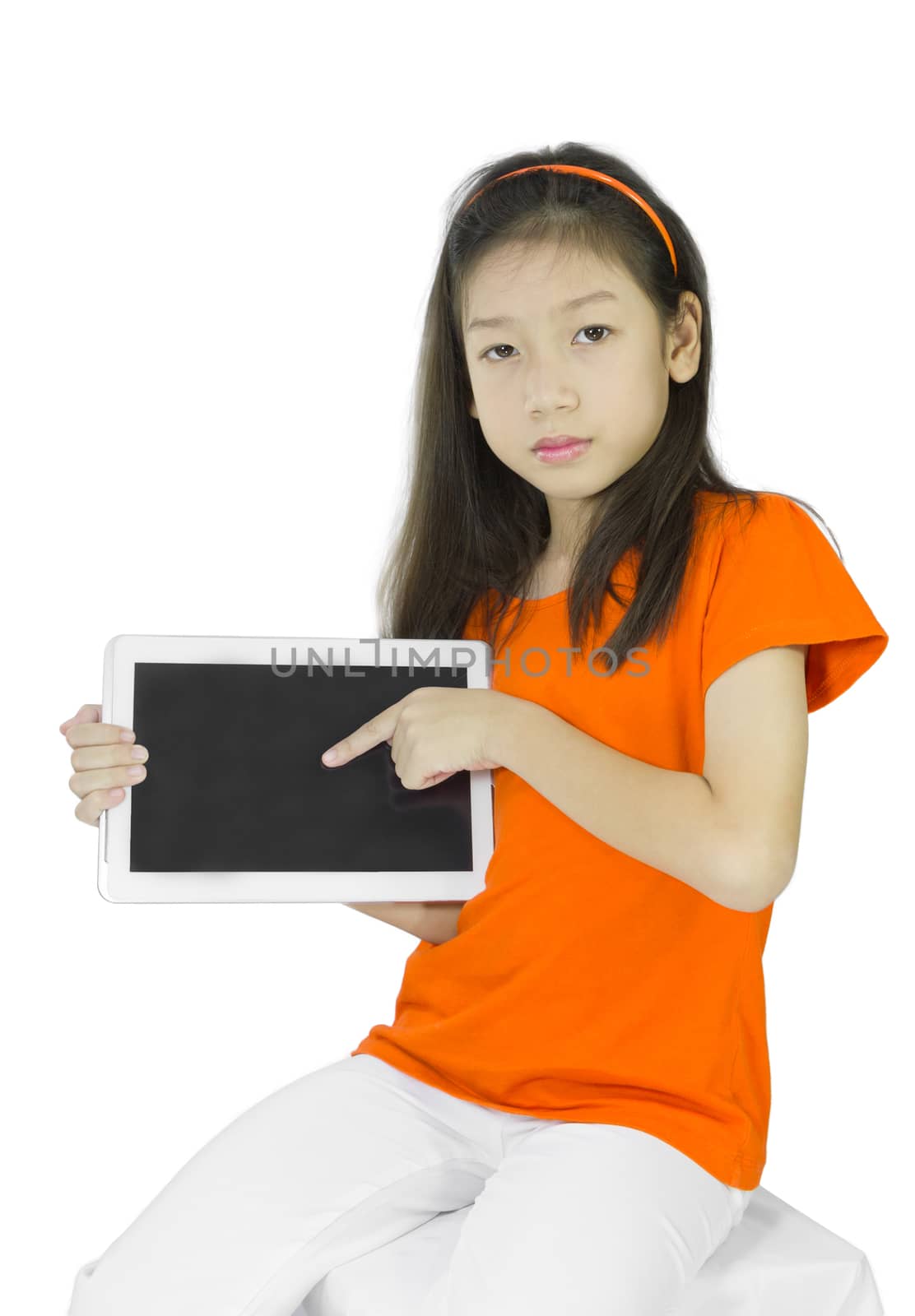 Asian young woman holding PC tablet on white background