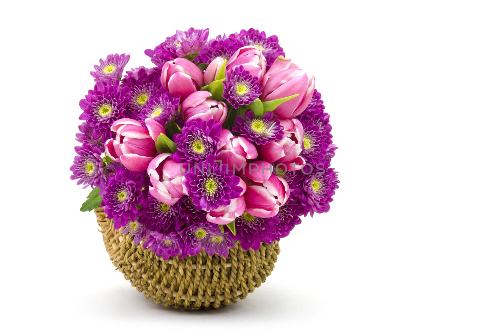 Bouquet made of tulips and chrysanthemum flowers on white background