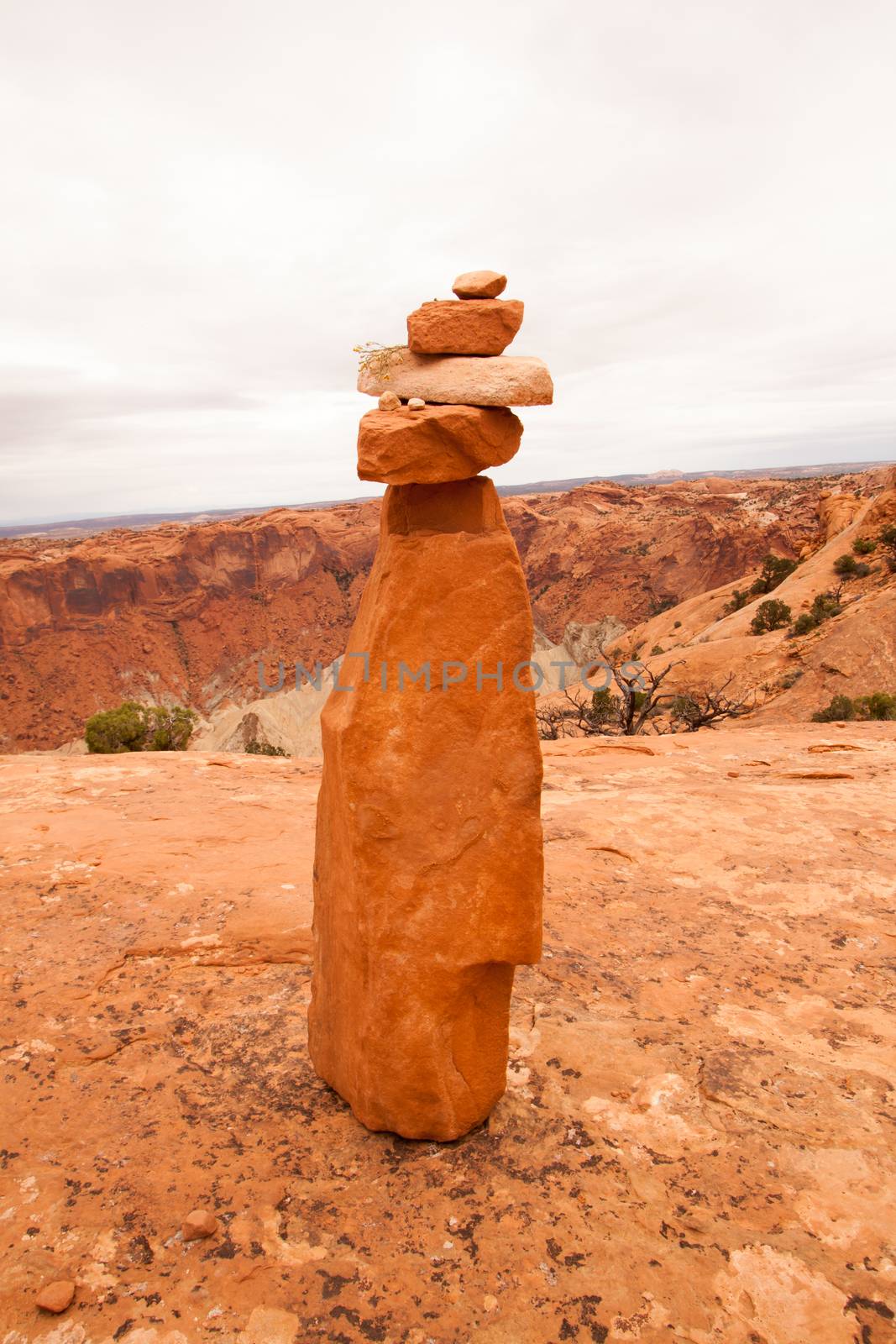 Rock cairn marking a trail near Upheaval Dome in Canyonlands National Park, Utah.